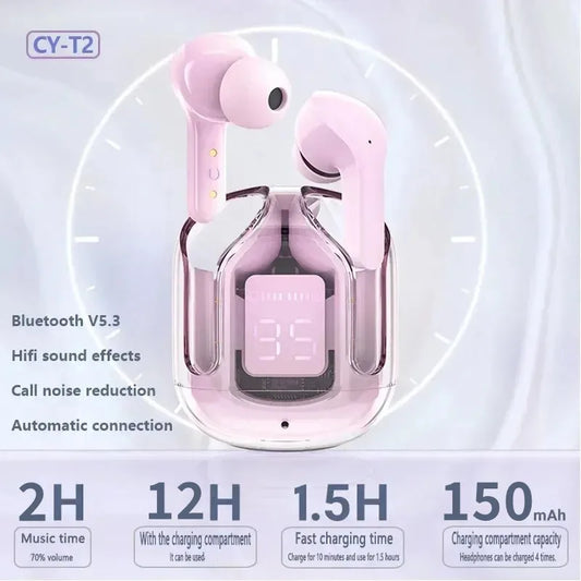 Original T2 Wireless Bluetooth Earphone Transparent HIFI Headphones LED Power Digital Display Stereo Sound Earphones for Xiaomi