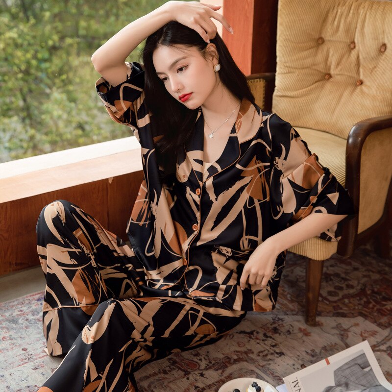 QSROCIO High Quality Women's Pajamas Set Floral Print Silk Like Sleepwear Loose Top Casual Fashion Homewear Nightwear Femme
