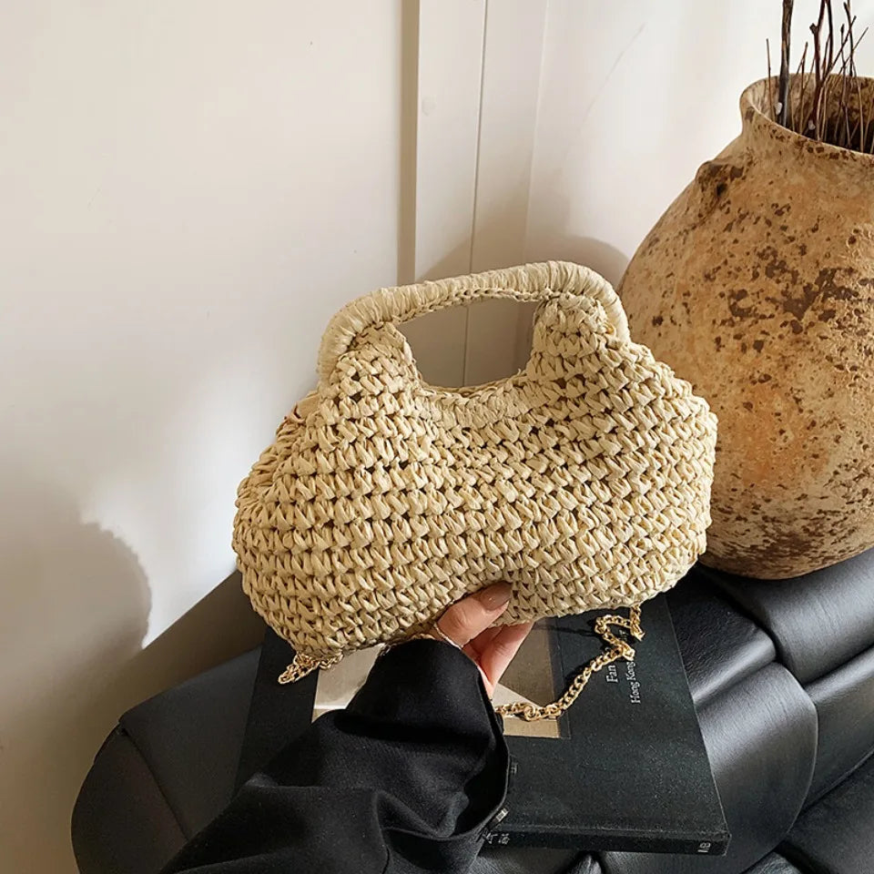 Retro Woven Clutch Bags for Women 2025 Straw Shell Chain Handbag Messenger Bag Ladies Holiday Beach Eco-friendly Crossbody Bag