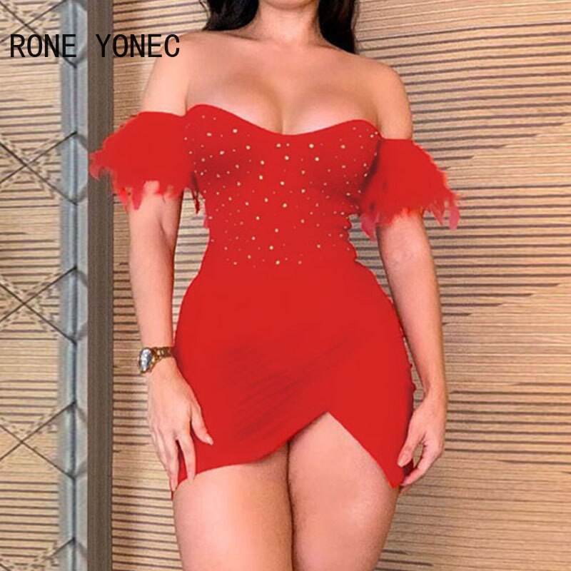 Women Sexy Off Shoulder Short Feather Sleeves Rhinestone Mini Bodycon Wrap Party Red Dresses