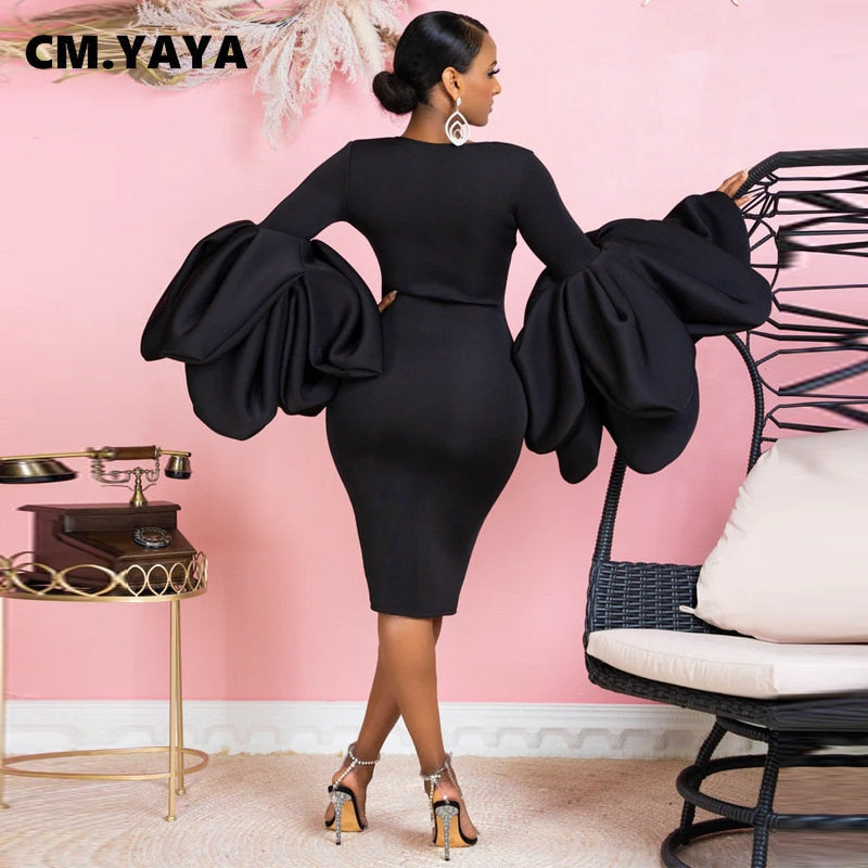 CM.YAYA Vintage Women Ruffles Flare Long Sleeve Black Bodycon Pencil Midi Dress 2023 Club Vestidos Sexy Party Evening Dresses