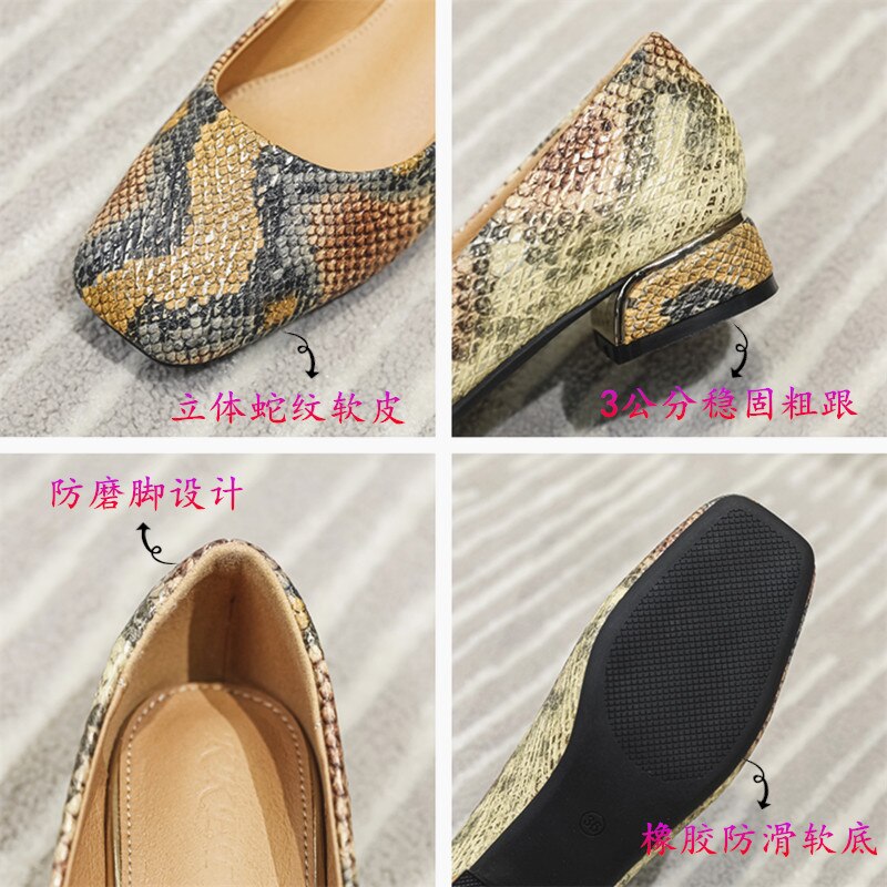 Snake Skin Square-toe Pumps Women Slippers Slip On Outdoor Casual Mules Shoes Thin Low Heel Elegant Womens Plat Heels