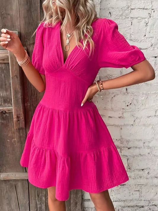 Elegant Midi Dresses For Women Summer Casual V Neck Puff Sleeve Ruffle Beach Dress Fashion Red Simple A-line New In Dresses 2023