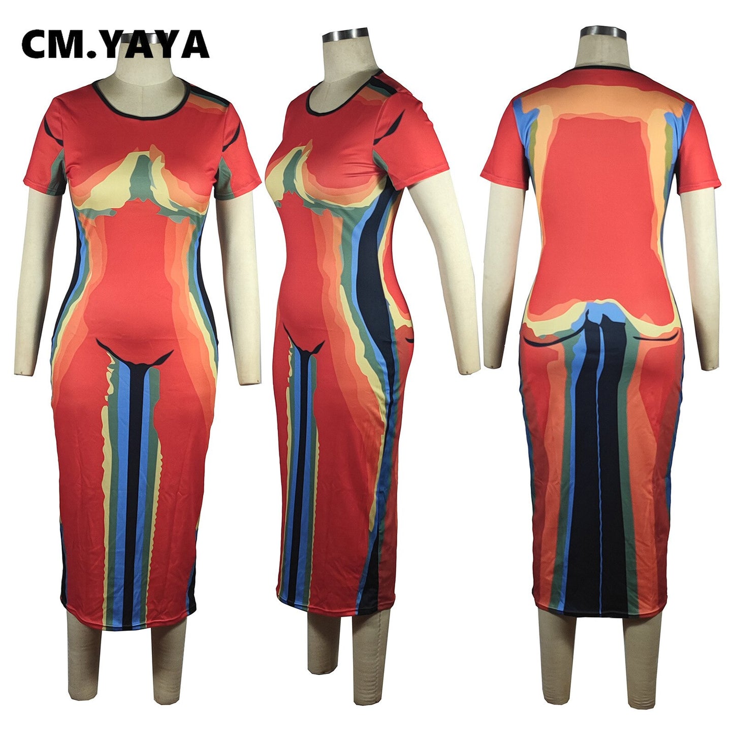 CM.YAYA Women 3D Printed Short Sleeve O-neck Bodycon Midi Maxi Dress for 2022 Summer Sexy Night Party Clubwear Long Dresses