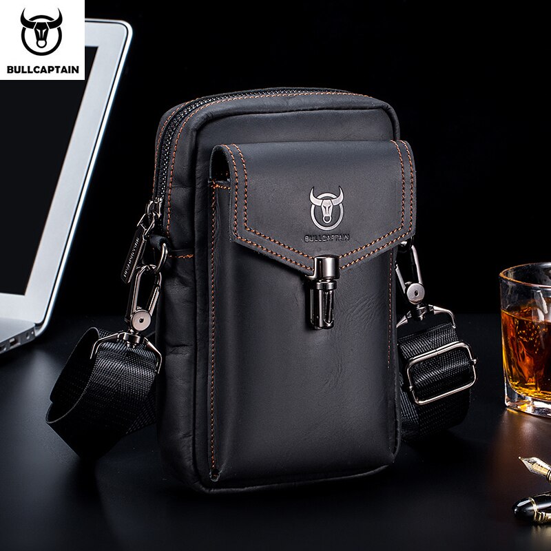 BULLCAPTAIN Crazy Horse Leather Men's Waist Bags Multifunctional 7-inch Mobile Phone Bag Bag Male Shoulder Messenger Bages Brown