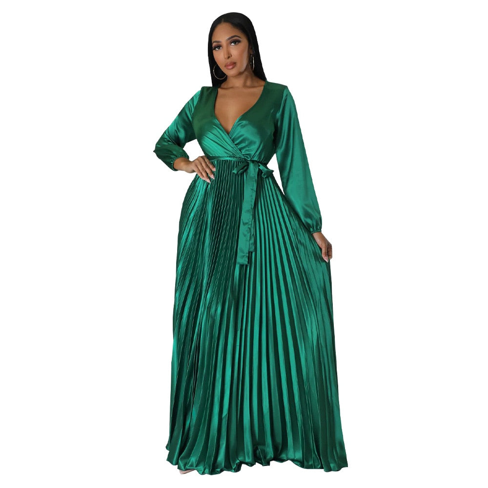 CM.YAYA Vintage Women Wrap V-neck Sashes Waist Pleated Maxi Dress Autumn Winter INS Big Swing Sexy Night Party Club Long Dresses