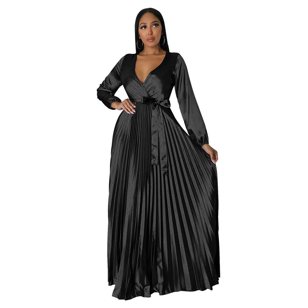 CM.YAYA Vintage Women Wrap V-neck Sashes Waist Pleated Maxi Dress Autumn Winter INS Big Swing Sexy Night Party Club Long Dresses