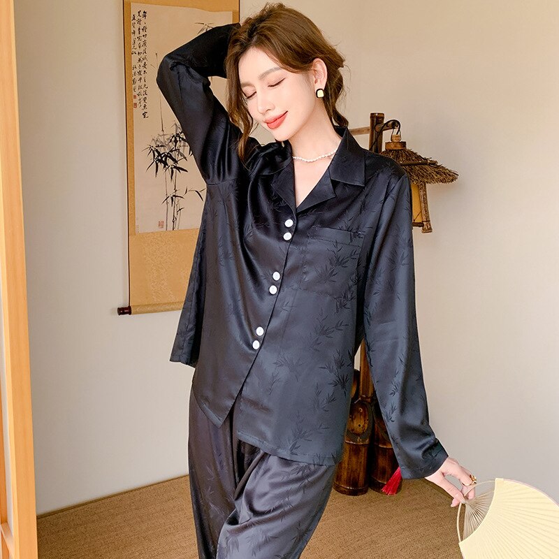 QSROCIO Women's Pajamas Spring Summer Imitation Silk Bamboo Leaf Jacquard Long-sleeved Trousers Cardigan Suit Home Clothes