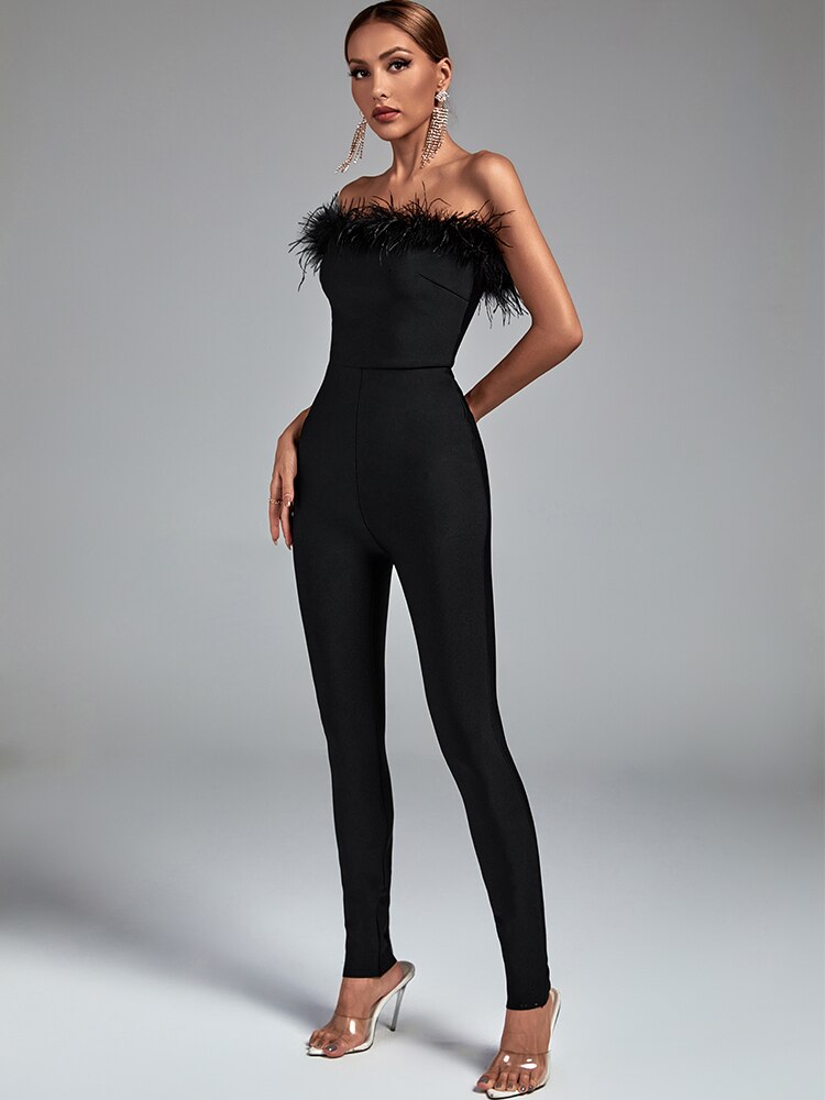 Feather Bandage Jumpsuit Women Black Bodycon Jumpsuit Evening Party Elegant Sexy Birthday Club Outfits 2022 Summer New Arrival