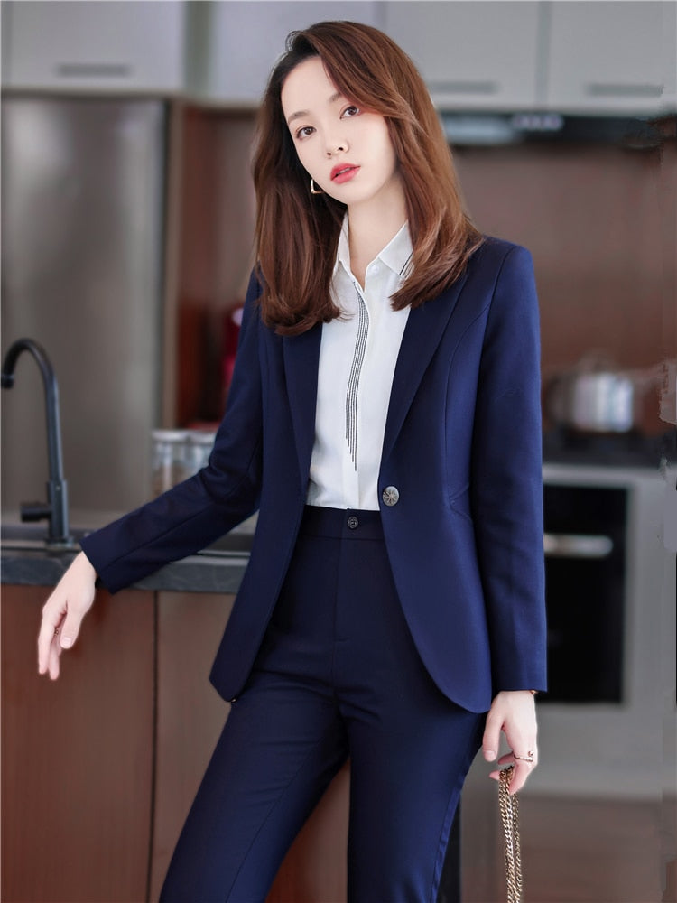 2022 Spring Two-piece Set Pants Suit Blue Elegant Blazer Pants Jacket Clothing Business Coat 2 Piece Sets Female Trouser Suits