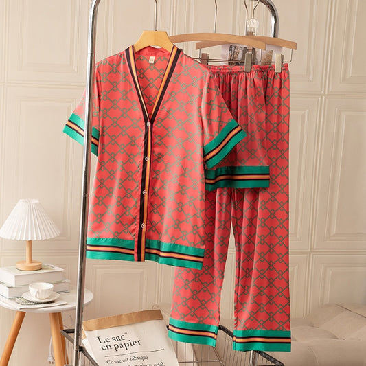 Lisacmvpnel 2022 Spring New Style Long Sleeved Women Pajamas Set Ice Silk Printed Fashion Pyjamas