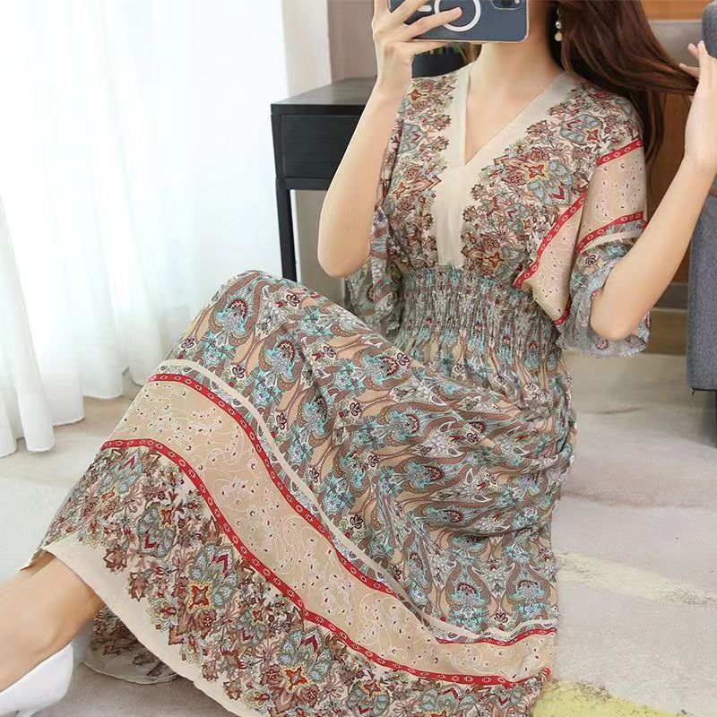 Casual Elegant Retro Style V-neck Tunic Large Swing Printed Dress Long Skirt