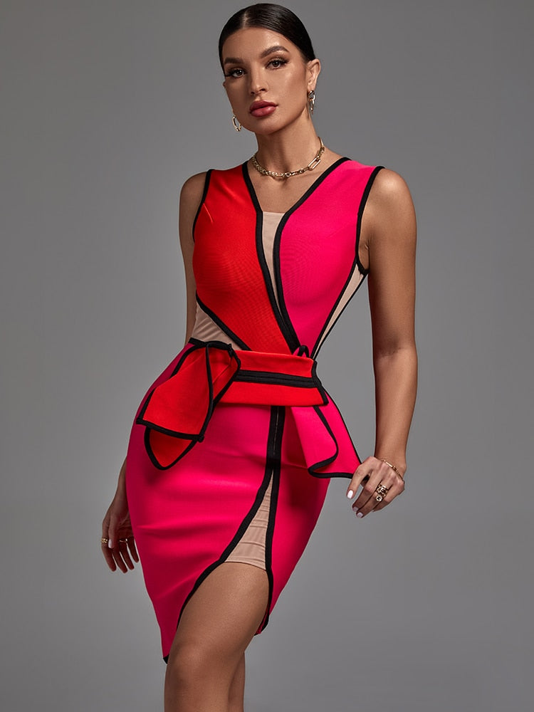 Bandage Dress 2022 New Women's Pink Bodycon Dress Elegant Sexy Mesh Insert Evening Club Party Dress High Quality Summer