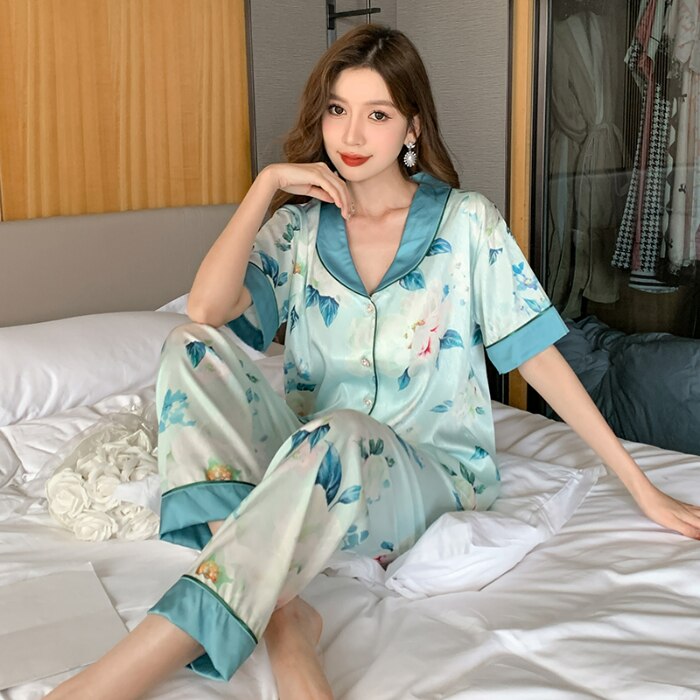 Summer Luxury Women Pajamas Set Faux Silk Pajamas Short Sleeve Two Piece Sleepwear Long Pants Nightwear Set Home Wear Clothes