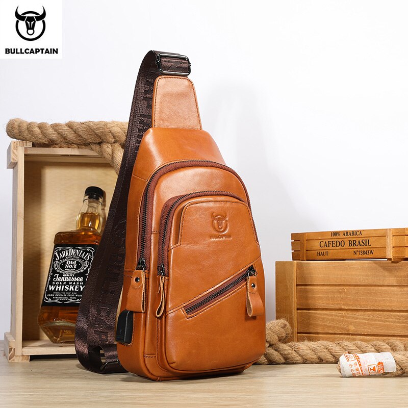 BULLCAPTAIN 2023 The Latest Men's Leather Chest Bag Large Capacity Casual Men's Messenger Bag Classic Leather Chest Bag XB 127