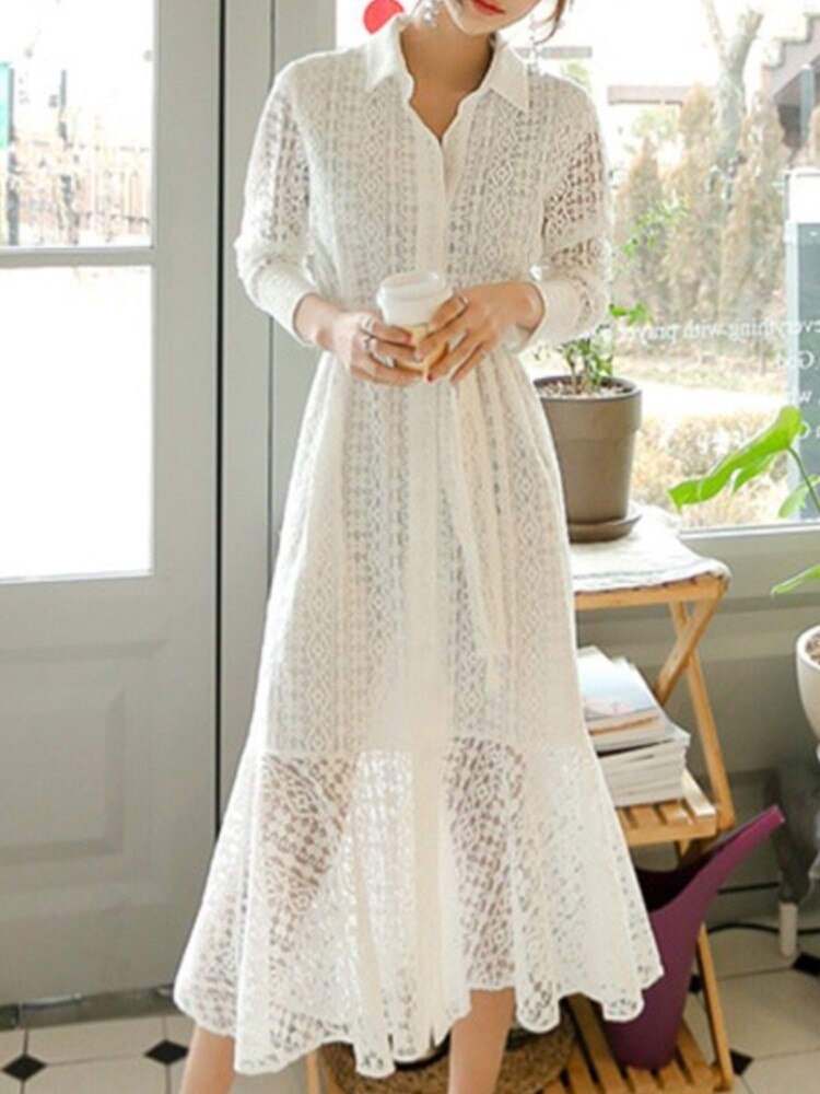 Women's Spring Vintage Chic Midi White Shirt Dress Ladies Elegant Casual Lace Party Prom Vestidos Femme Fashion Robe Mujers New