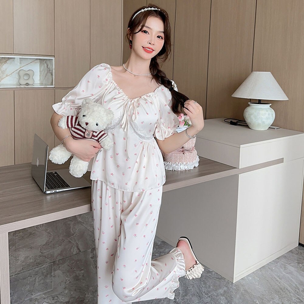 Summer 2023 New Cartoon Rabbit Stylish Bag Printed Ice Silk Pajamas Women's Short Sleeve Trousers Suit Homewear