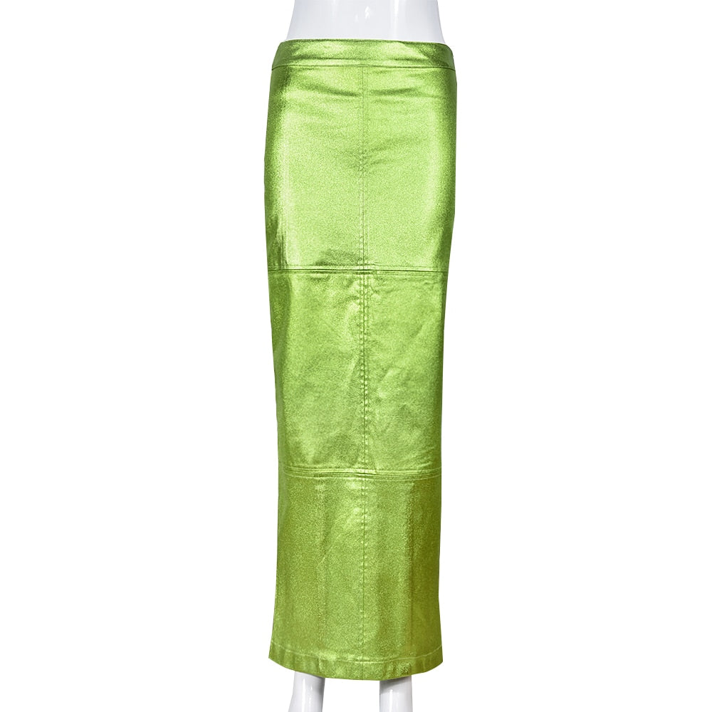 Sexy Sparkly Slit Long Skirts Women High Waist Metallic Green Slim Maxi Skirt 2023 Summer Harajuku Elegant Fairy Grunge Clothes