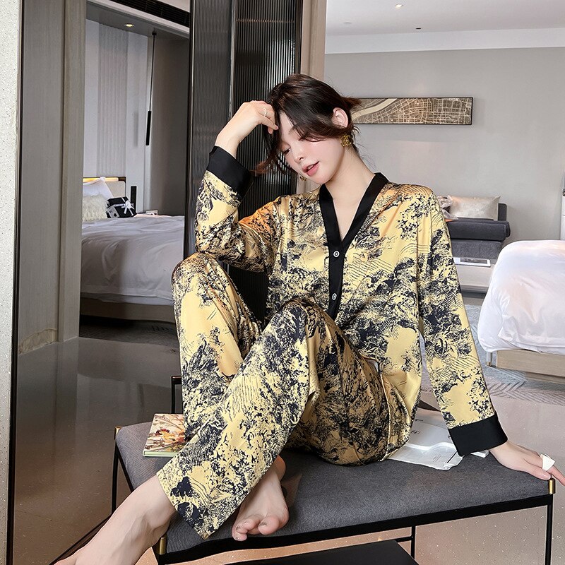 QSROCIO NEW Women's Pajamas Set Luxury Fashion Paint Print Sleepwear Silk Like Homewear V Neck Nightwear New пижама женская