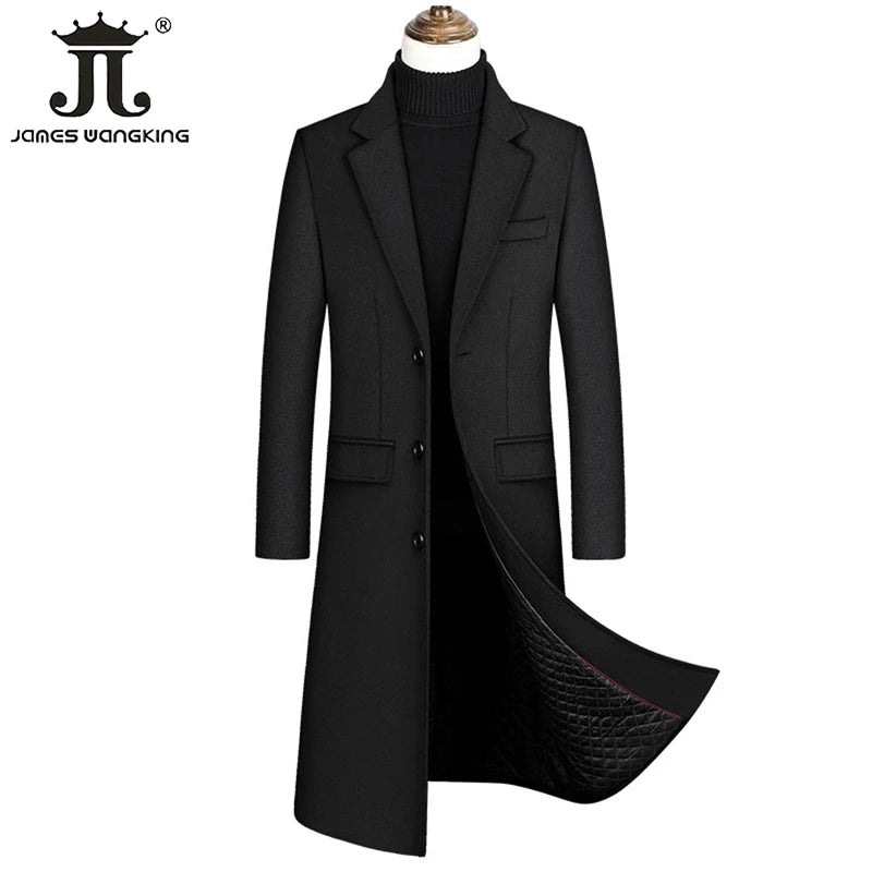 2023 Autumn and Winter Boutique Woolen Black Gray Classic Solid Color Thick Warm Men's Extra Long Wool Trench Coat Male Jacket
