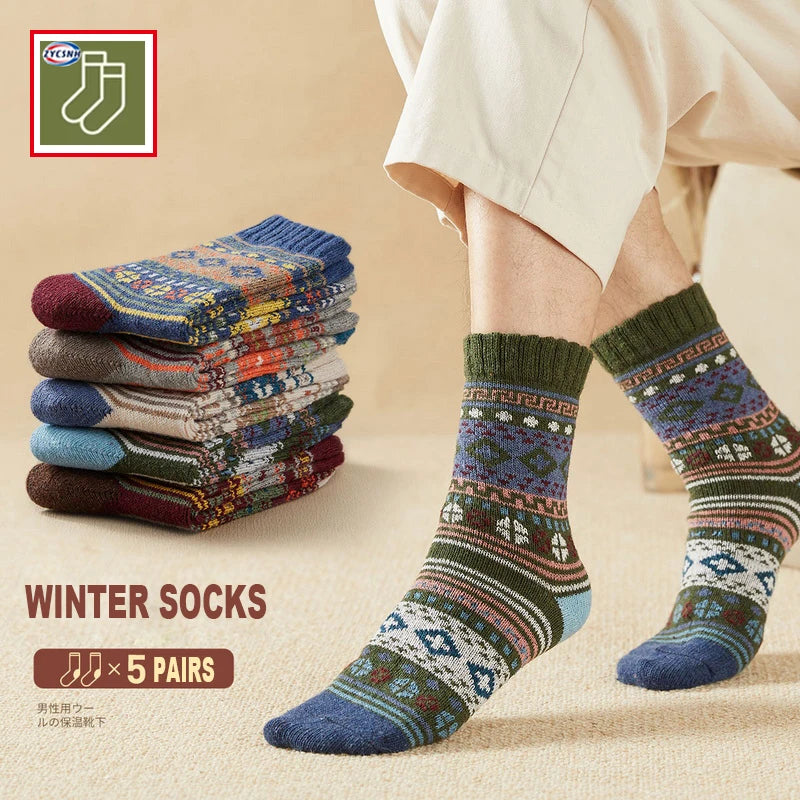 5 Pairs High Quality New Autumn Winter Men's Socks Thick Warm Wool Socks Snow Retro Style Harajuku Socks Cotton Fashion Gifts