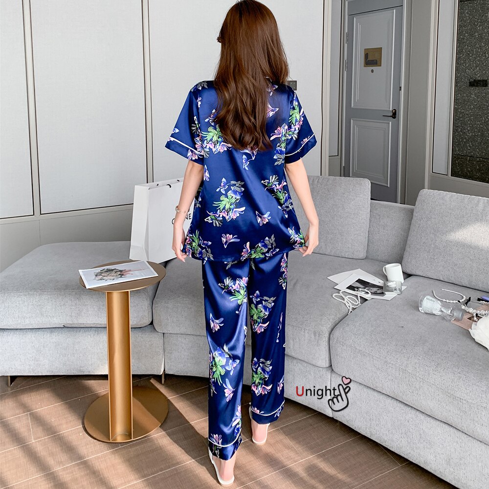 Summer Silk Pajamas 2-piece Set Sleepwear Short-sleeved Trousers Suit S Women's Plus Size Homewear Lingerie 5XL 7XL 8XL Pijama