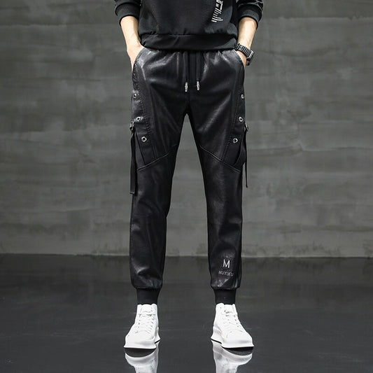 Fashion men leather trousers motorcycle with zipper casual pants skinny pants free shipping A107