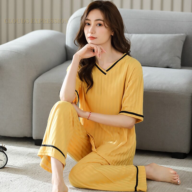 Summer Knitted Cotton Elegant Pajamas Set Women Pyjamas Polka Dots Sleepwear Nightwear Pijama Mujer Plus Size Calf-Length Pants