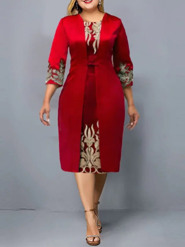 Dresses for Women 2023 Summer Spring Women 3/4 Sleeve Round Neck Red Purple Blue Polyester Bodycon Dress Red Dress S-5XL