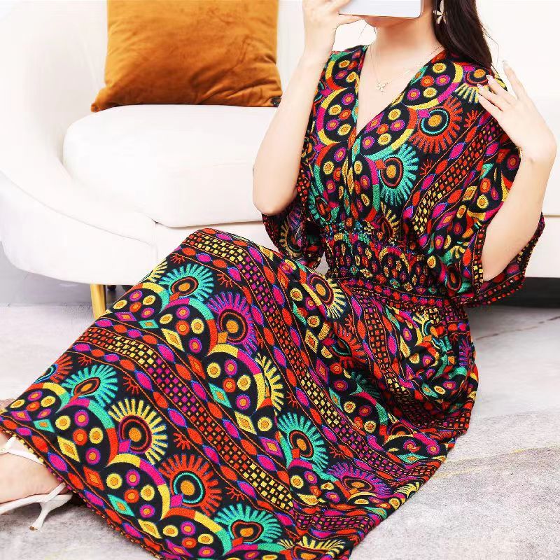 Casual Elegant Retro Style V-neck Tunic Large Swing Printed Dress Long Skirt