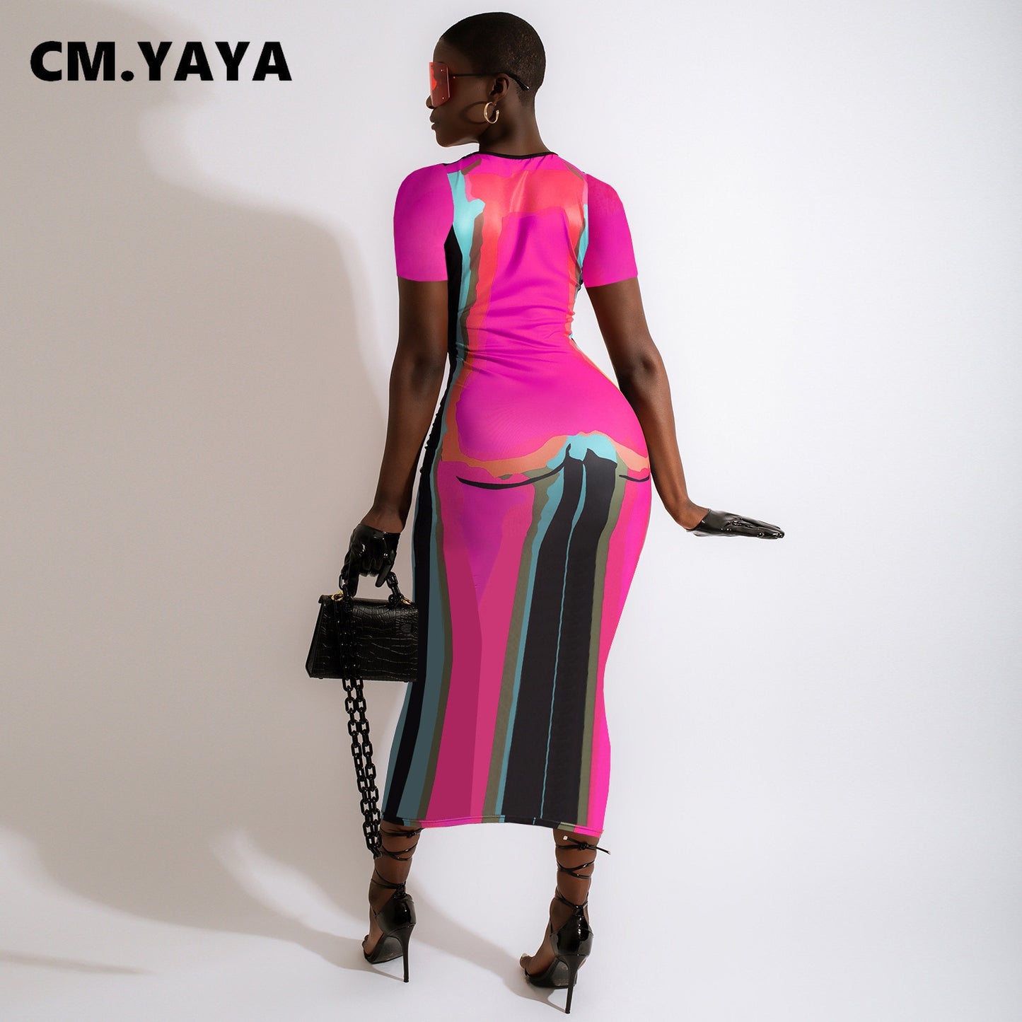 CM.YAYA Women 3D Printed Short Sleeve O-neck Bodycon Midi Maxi Dress for 2022 Summer Sexy Night Party Clubwear Long Dresses