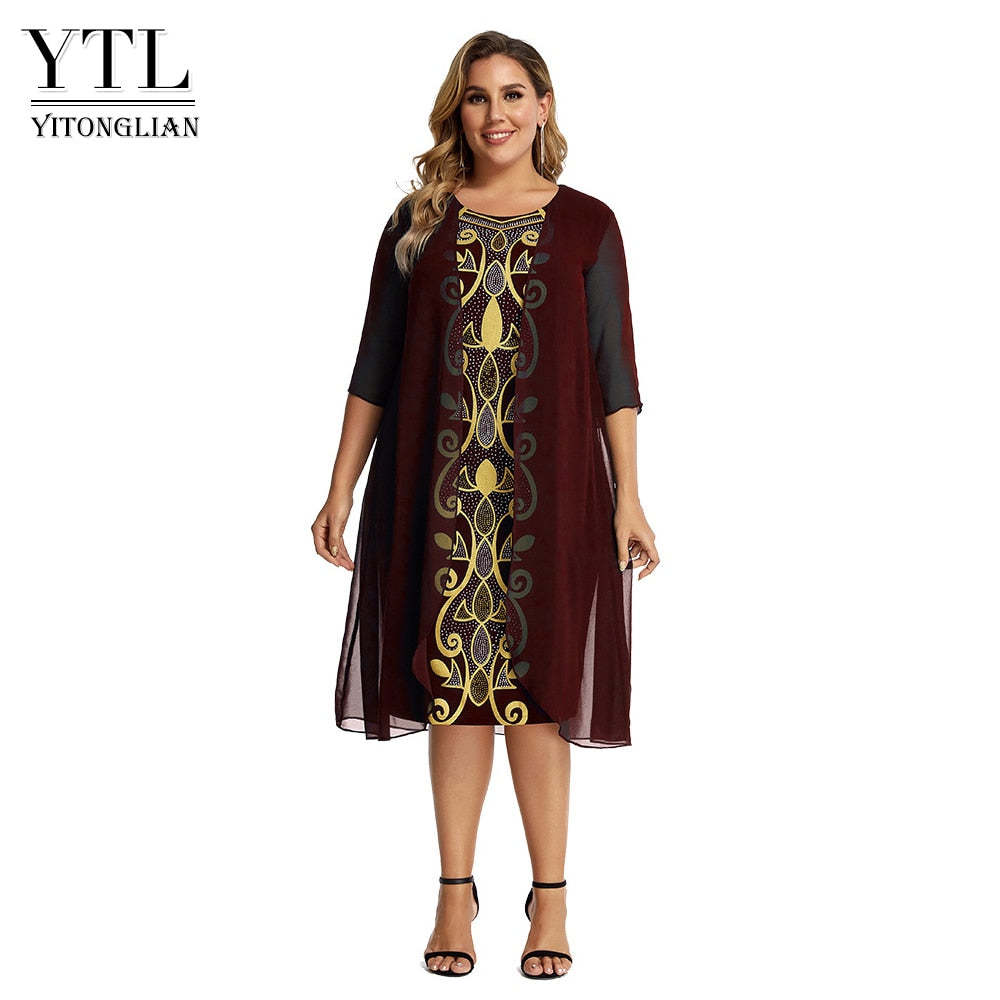 Yitonglian Ladies Vintage Palace Style Casual Tunic Dress for Women Plus Size False Two Piece Spring Summer Vestidos  W110