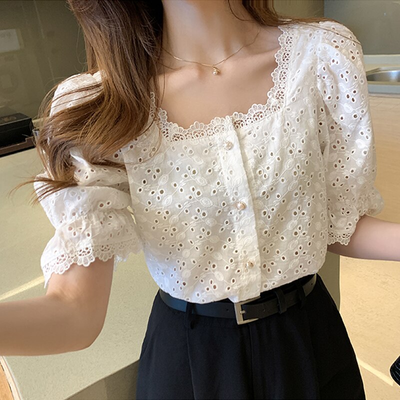 Fashion Summer Short Sleeve Shirts Woman White Blouse Women 2023 Elegant Square Collar Hollow Out Korean Lace Shirt Blusas 13934