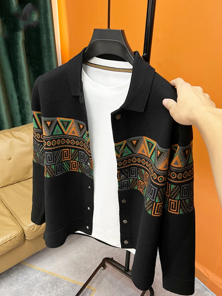 Trendy Jacquard Cardigan Men's Embroidered Sweater 2023 Autumn New Lapel Knitted Sweaters Jacket Outer Slim Jackets Men Clothing