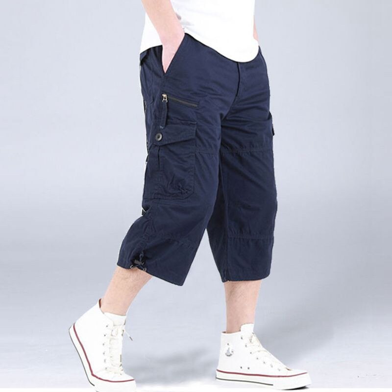 New Calf-Length Pants Men Summer Multi Pocket Loose Casual Cargo Pants Cotton Short Pant Mens Joggers Troursers Plus Size M-5XL