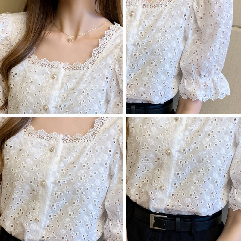 Fashion Summer Short Sleeve Shirts Woman White Blouse Women 2023 Elegant Square Collar Hollow Out Korean Lace Shirt Blusas 13934