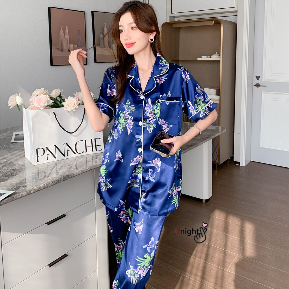 Summer Silk Pajamas 2-piece Set Sleepwear Short-sleeved Trousers Suit S Women's Plus Size Homewear Lingerie 5XL 7XL 8XL Pijama