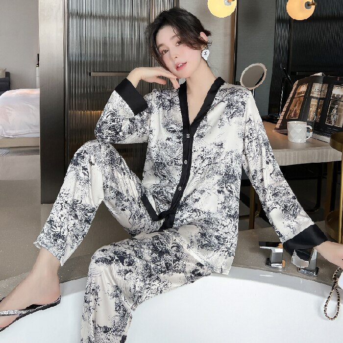 Pajamas Set for Women Luxurious Sweet Satin Pyjamas Woman Elegant Long Sleeve Ladies Sleepwear Sets Long Pant Home Wear