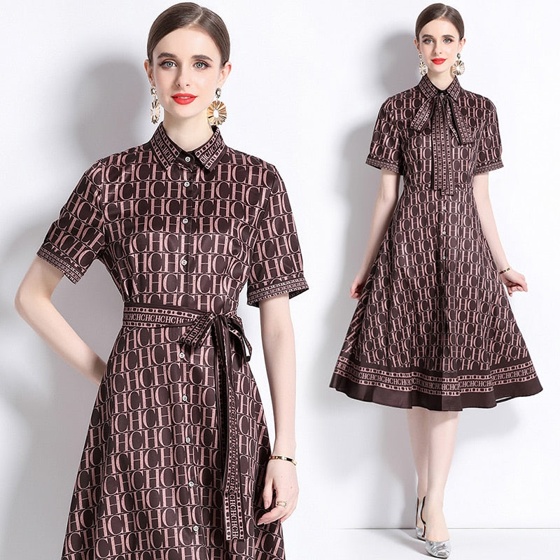 Summer Runway Letters Print Shirt Dress Women Short Sleeve Turn Down Neck Vintage Bandage Lace Up Pleated Midi Vestidos M8719