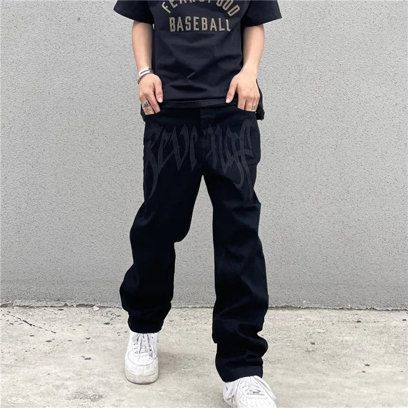 Y2K Black Baggy Jeans Men's New Streetwear American Retro Printed Letter Pants Straight Hip-hop Loose Denim Trousers