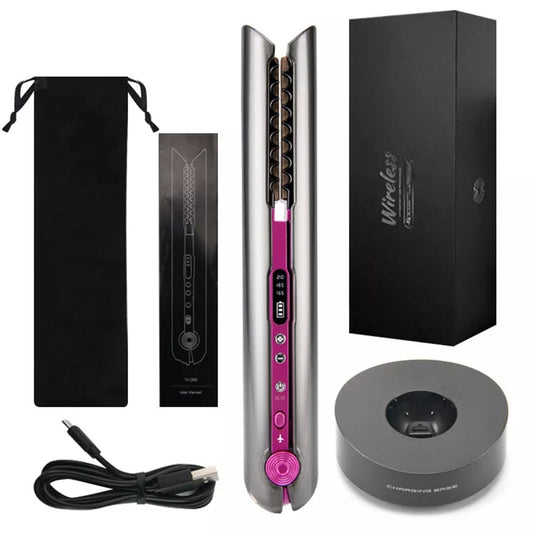 Wireless Hair Straightener with Charging Base Flat Iron Mini 2 IN 1 Roller USB 4800mah Portable Cordless Curler Dry and Wet Uses