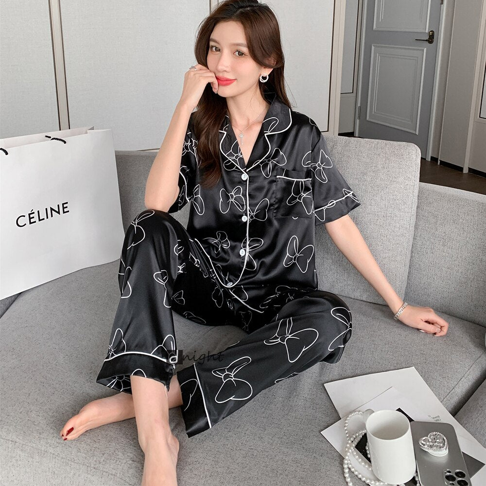 2-piece Set 8XL Oversized Satin Silk Sleepwear Pajamas for Women Summer Short Sleeves Trouser Suits Pijama Lingerie Nightwear