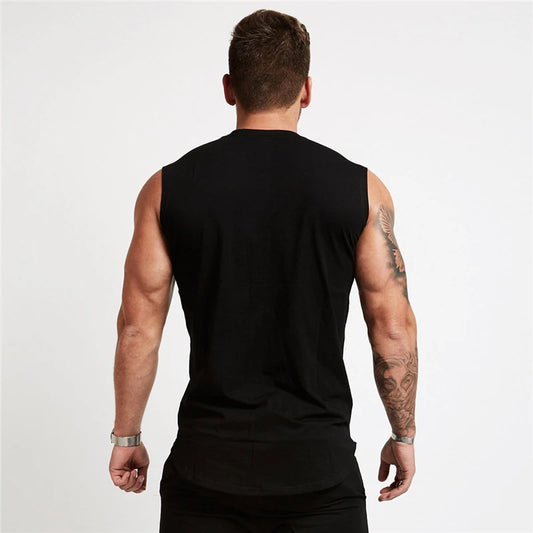 Summer New Men Vest Sports Fitness Cotton Round Neck Printed Sleeveless T-Shirt Jogger Gym Running Basketball Training Clothes