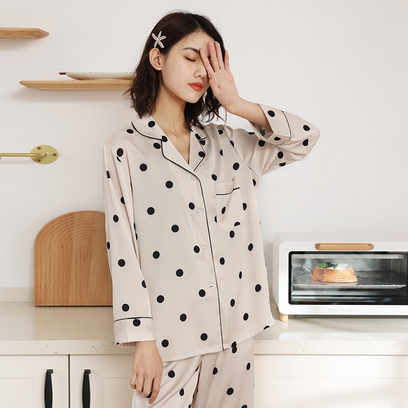 QSROCIO Satin Polka Dot Pajamas Women's Spring Autumn Thin Long Sleeved Pants Two-piece Set Fashion Casual Home Clothing