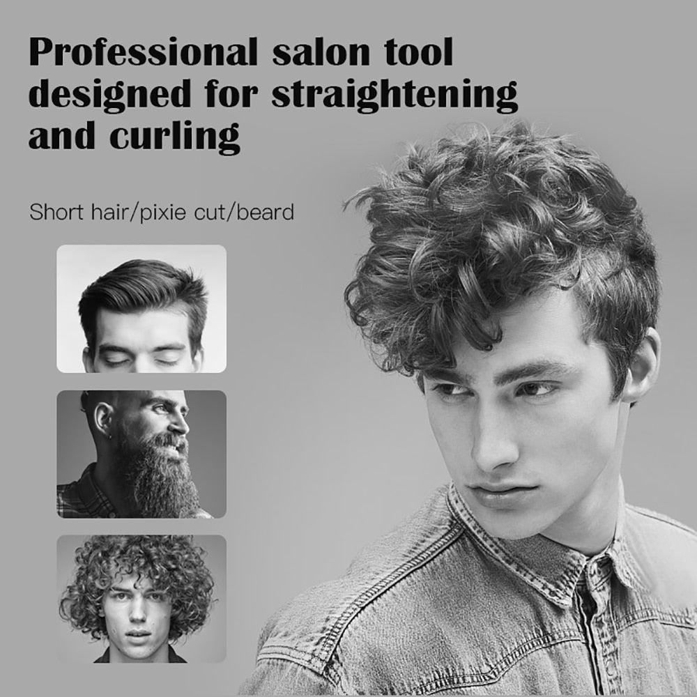 2 in 1 Flat Iron for Short Hair Wand Roller Professional Curling Anti-slip Design LED Ceramic Beard Straightener Styling Tools