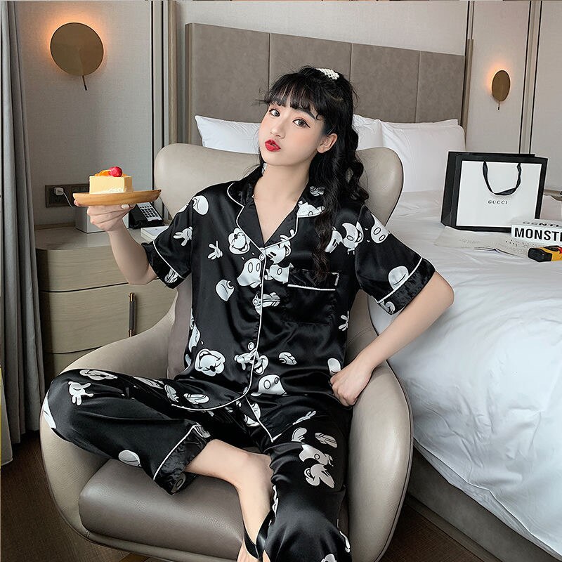 Pajamas Women Summer Thin Section V-neck Imitation Silk Ice Silk Short-sleeved Sleepwear Ladies Home Service 2-piece Pajamas