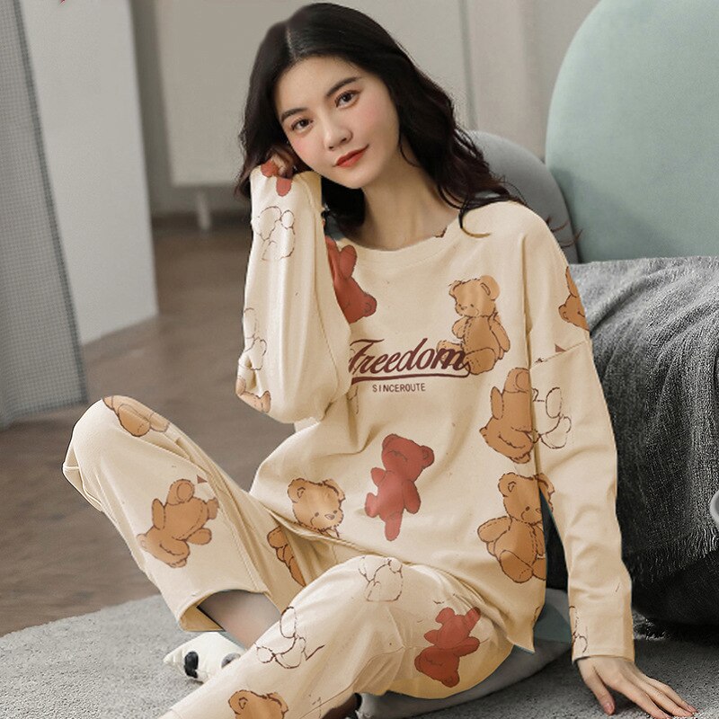 Pure Cotton Pajamas Women's Spring and Autumn Models Long-sleeved Home Service Women's Simple Loose Casual Suit Large Size 5XL