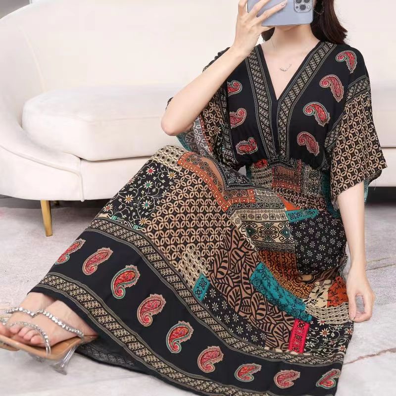 Casual Elegant Retro Style V-neck Tunic Large Swing Printed Dress Long Skirt