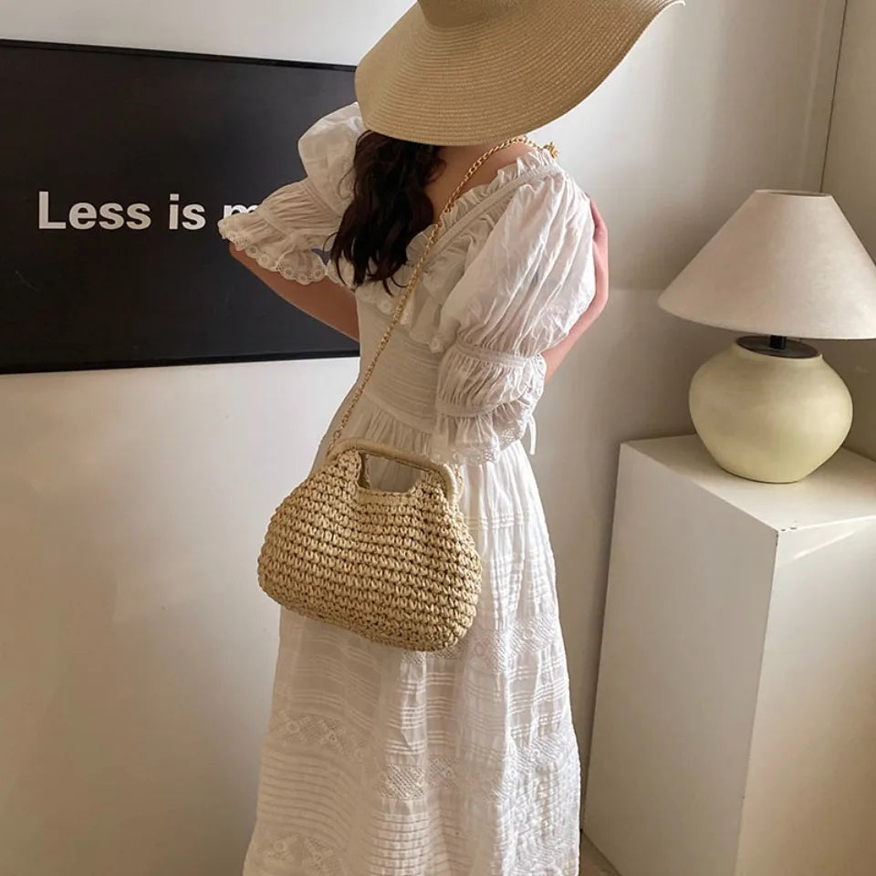 Retro Woven Clutch Bags for Women 2025 Straw Shell Chain Handbag Messenger Bag Ladies Holiday Beach Eco-friendly Crossbody Bag