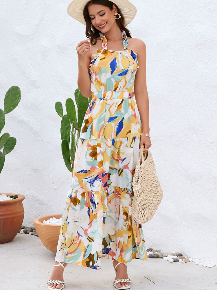 Sexy Chiffon Long Dresses For Women Summer Casual Backless Ruffle Big Hem Beach Dress Fashion Print Halter New In Dresses 2023